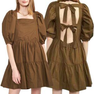 En Saison Gilda Tie-Back Poplin Mini Dress Women's Small Brown Tiered Boho NWT